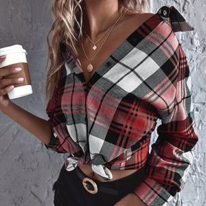 Classic red Plaid Button up Boyfriend Top